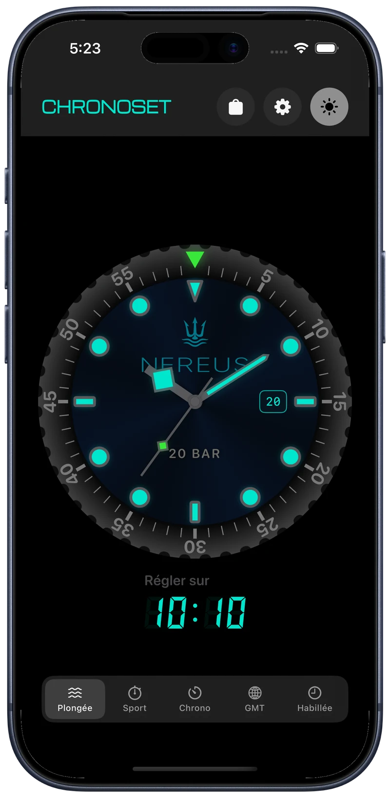 Cadran Diver de ChronoSet affiché sur un iPhone en mode sombre