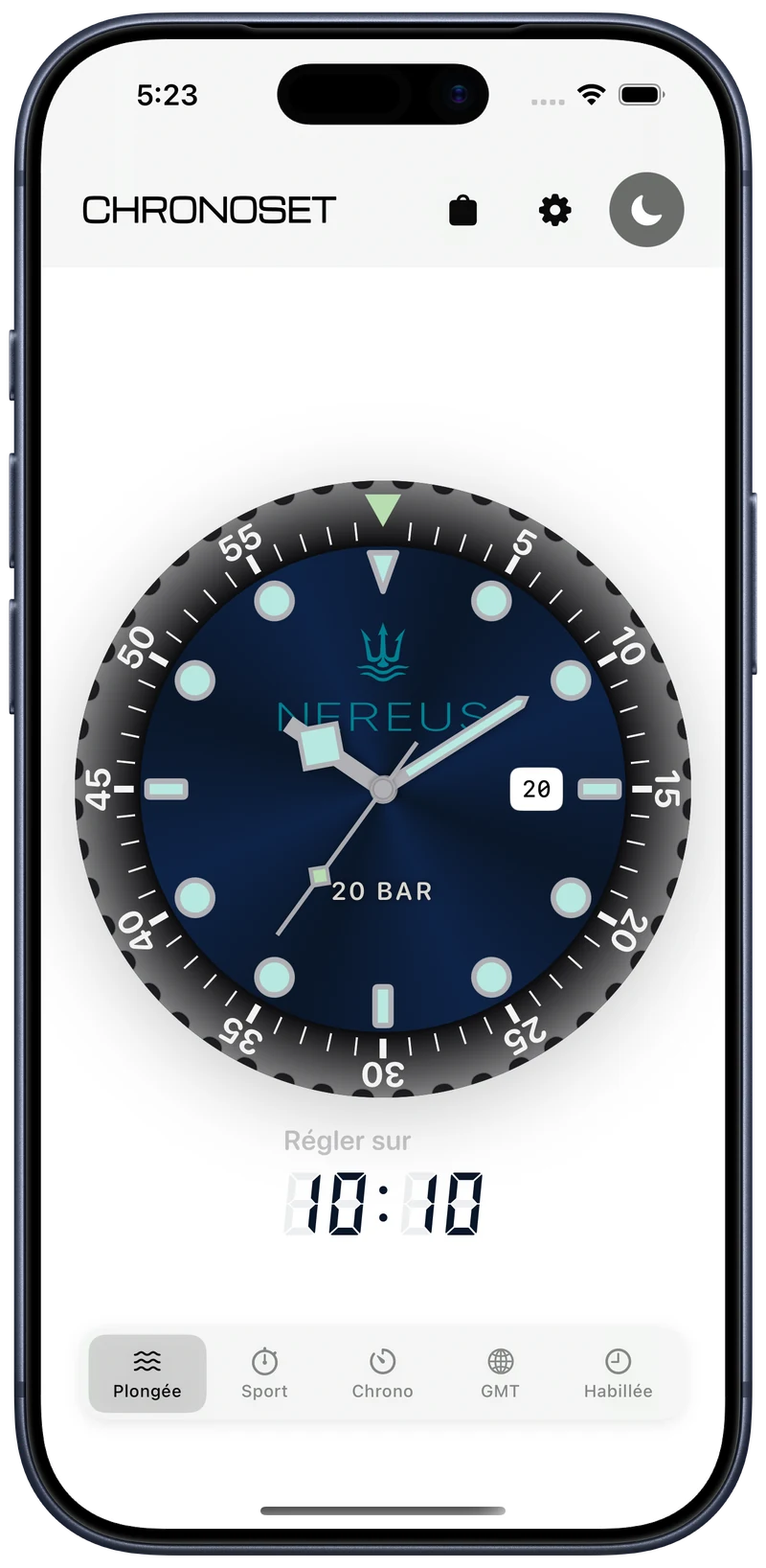 Cadran Diver de ChronoSet affiché sur un iPhone en mode clair